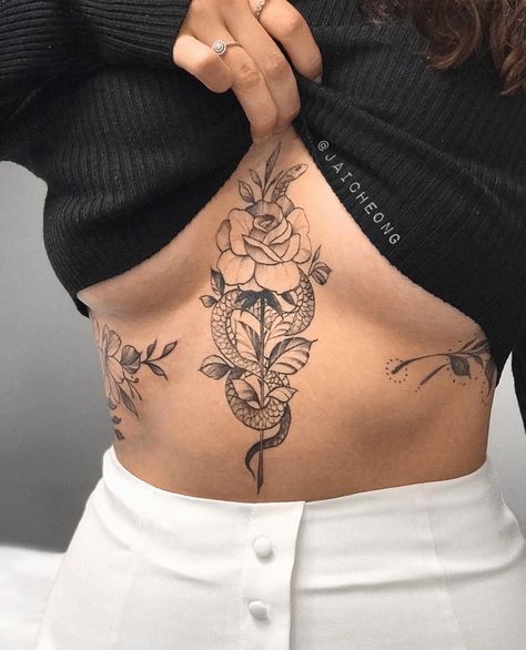 Cute Womens Tattoos Ideas, Sternum Women’s Tattoo, Back To Stomach Tattoos, Women’s Tattoos On Stomach, Ribcage Cover Up Tattoos For Women, Tattoo Ideas Female Belly, Side Piece Tattoos For Women Ribs, Outer Hip Tattoo, Under Breast Tattoo Women