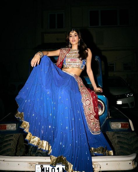 Janhvi Kapoor Lehenga, Lehenga Traditional, Fashion Lehenga, Emily Skinner, Janhvi Kapoor, Blue Lehenga, Bollywood Outfits, Embellished Blouse, Makeup And Hair