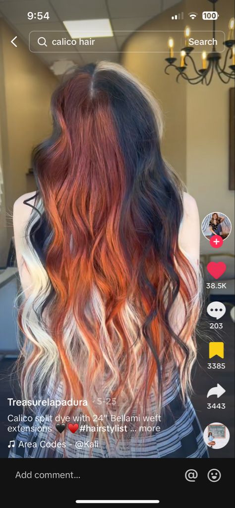 Spit Dye Hair Colors, Copper And Black Color Block Hair, Red Hair Color Blocking, Black Orange Blonde Hair, Orange Hair Black Highlights, Orange To Black Hair, Copper Hair With Black Highlights, Orange Black And Blonde Hair, Black And Strawberry Blonde Hair