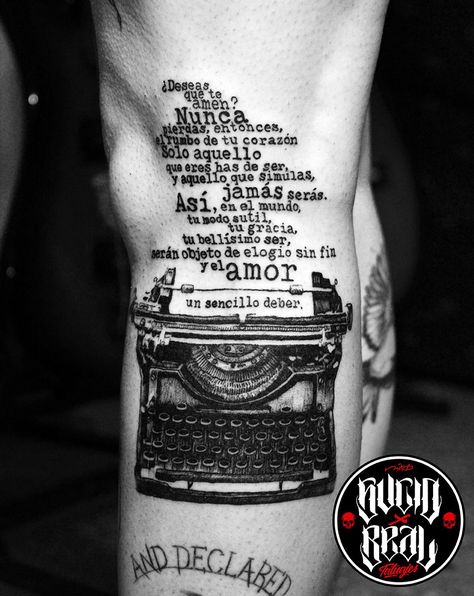 Journalist Tattoo Ideas, Newspaper Tattoo Ideas, Tattoos For Writers, Aires Tattoo, Typewriter Tattoo, Writer Tattoo, Classic Car Photoshoot, Graphic Tattoo, Lyrics Tattoo