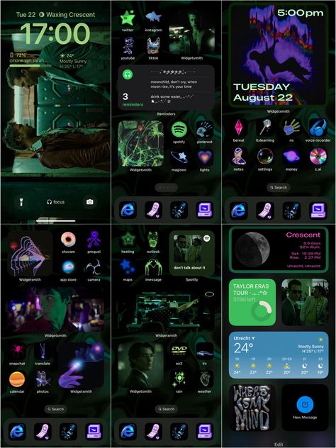 fight club neo noir aesthetic ios iphone layout wallpaper cyber dark black green cillian murphy scarecrow purple widgets background ios 16 ios 14 Halloween Iphone Theme, Phone Themes Aesthetic Ideas, Purple Phone Layout, Dark Phone Layout, Background Ios 16, Dark App Icons Aesthetic, Dark Ios Layout, Phone Themes Dark, Neo Noir Aesthetic