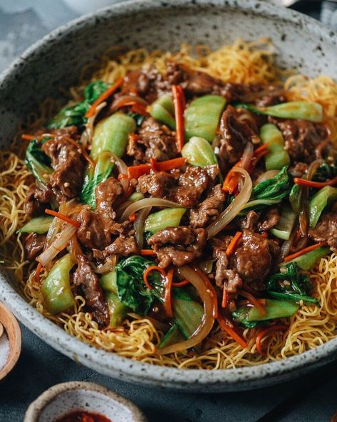 Crispy Pan Fried Noodles with Beef recipe by Maggie Zhu | The Feedfeed Fried Noodles Recipe, Pan Fried Noodles, Crispy Noodles, Crispy Beef, Asian Noodle Recipes, Fried Noodles, Taiwanese Food, Brown Sauce, Easy Chinese Recipes