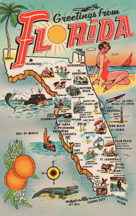 fuckyeahvintage-retro: “ Florida Postcard, 1950s-60s (via) ” Florida Poster, Florida Map, Vintage Postcards Travel, Postal Vintage, Florida Art, Map Of Florida, Travel Postcard, Jules Verne, Old Florida