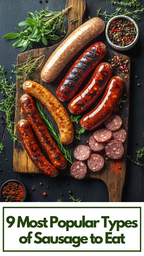 A variety of popular sausages, including Italian, chorizo, and bratwurst, displayed on a rustic wooden board with herbs and spices. Sausage Platter Ideas, German Brats, Sausage Platter, Types Of Sausage, German Sausage, Culinary Experience, Andouille Sausage, Hearty Dinner, Andouille