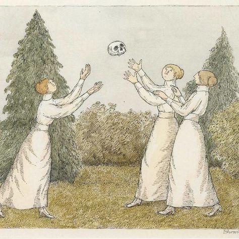 Edward Gorey (1925 – 2000) “A Dull Afternoon”  #EdwardGorey #Dull #Afternoon #landscape #skull #ball #girls #play #garden #colour #drawing #boomerangstories John Kenn, Edward Gorey, Victorian Wallpaper, Ink Pen Drawings, Art Plastique, Original Drawing, New Yorker, Dark Art, Illustration Art