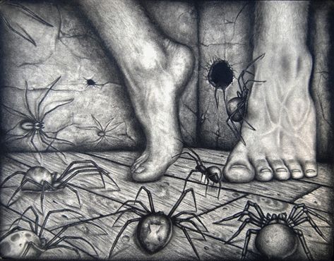 Arachnophobia (fear of spiders) - by herrerabrandon66 on reddit.com Fear As Drawings, Fear Of Spiders, Crazy Videos, Spider Drawing, Creepy Drawings, Web Security, Ap Studio Art, Spider Art, Dark Art Drawings