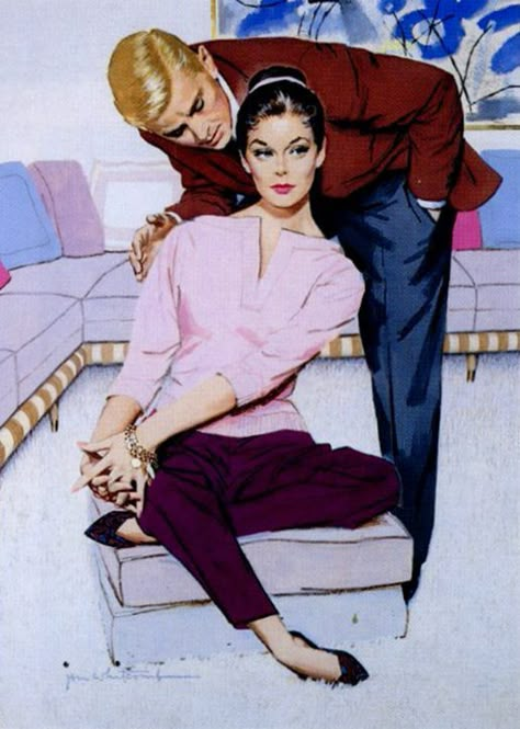 Jon Whitcomb. Gorgeous Mid Mod interior! And her charm bracelet...love! 1958 Jon Whitcomb, Coby Whitmore, Arte Pulp, Robert Mcginnis, Vintage Illustration Art, Mid Century Illustration, Job 1, Vintage Couples, Lifestyle Illustration