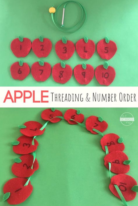 Apple Threading Number Order Activity - this fun, hands on math activity is great for helping toddler, preschool, and kindergarten age kids practice counting to 10 or count to 20 with hands on math activity #apples #fallmath #mathactivities #countto10 #countto20 #coungint #preschool #kindergarten Ordering Activities, Ordering Numbers Activities, Math Apple Activities, Apple Math, Apple Unit, Apple Activities, Apple Craft, Montessori Ideas, Apple Theme