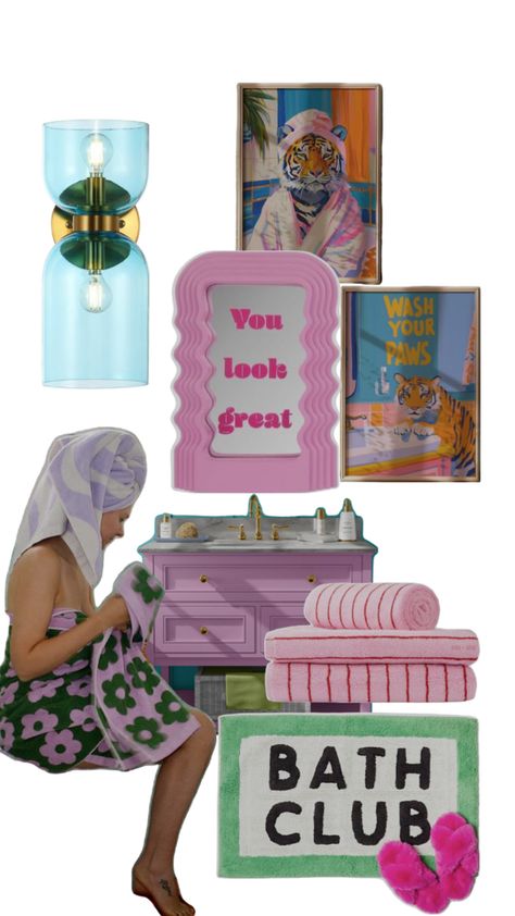 A playful yet stylish bathroom setup featuring pastel tones and quirky elements. Key highlights include a lavender vanity, fluffy pink towels, and retro-inspired wall art with humorous tiger motifs. The “You look great” mirror adds a motivational touch, while the “Bath Club” rug and fuzzy pink slippers bring a cozy vibe. Perfect for a whimsical, relaxing bathroom space. Bathroom Decor Eclectic, Dopamine Decor Bathroom, Dopamine Bathroom, Bathroom Ideas Fun, Quirky Bathroom Ideas, Funky Bathroom Decor, 80s Bathroom, Funky Bathroom, Fun Bathroom Decor