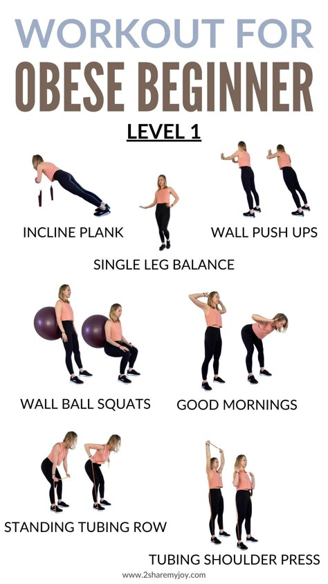 This is the first level of the workout for obese beginners. Click through to get all 3 levels and read on what exercises are best for obese beginners, and how many reps and sets to do for each exercise. Obese Workout, How To Start Exercising, Hiit Workouts For Beginners, Reduce Thigh Fat, Beginner Workout At Home, 12 Minute Workout, Exercise To Reduce Thighs, Plus Size Workout, Toning Workouts