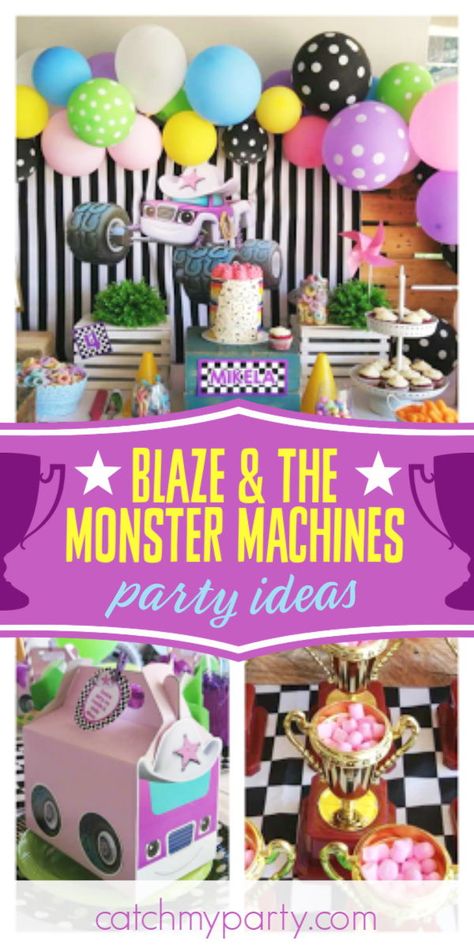 Check out this little girl's fun Blaze and the Monster Machines birthday party! The table settings are so colorful!   See more party ideas and share yours at CatchMyParty.com  #catchmyparty #partyideas #girlbirthdayparty #blazeandthemonstermachines #blazeandthemonstermachinesparty Pink Monster Truck Birthday, Girls Monster Truck Birthday Party, Blaze And Monster Machine Party Ideas, Blaze And The Monster Machines Birthday Party Free Printables, Blaze And The Monster Machines Birthday Printables, Blaze And The Monster Machines Birthday, Blaze Birthday Party, Blaze Party, Blaze And The Monster Machines Party