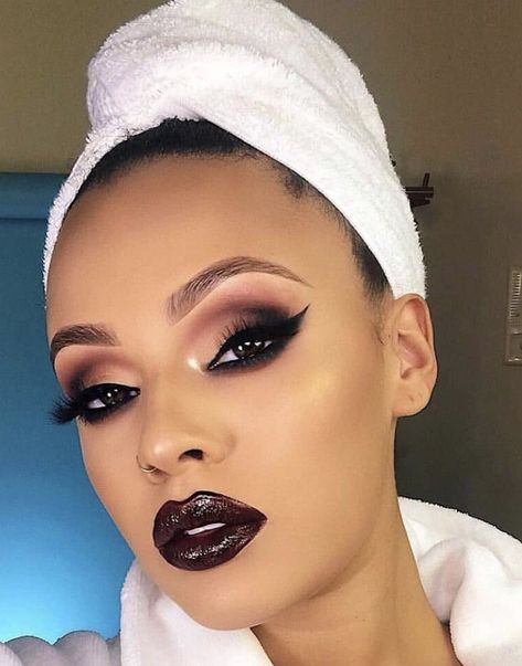 Eye Makeup Black Women, Eye Makeup Black, Viva Glam Kay, Burgundy Lipstick, Makeup Black Women, Fall Makeup Looks, Glam Makeup Look, Dramatic Makeup, Bold Makeup