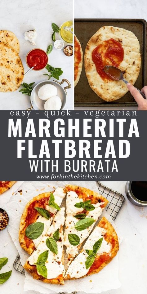 Elevate your favorite Margherita Flatbread and make it with creamy burrata cheese! Once you try it, you’ll never go back. This easy flatbread recipe uses store-bought naan for a quick pizza or can be made with homemade flatbread. Top with lots of fresh basil for a flavorful vegetarian flatbread! Pizza With Burrata, Easy Flatbread Pizza Recipes, Margherita Flatbread Pizza, Vegetarian Flatbread, Flatbread Toppings, Unique Pizza Recipes, Margherita Flatbread, Homemade Pizza Recipe Easy, Easy Flatbread Recipes