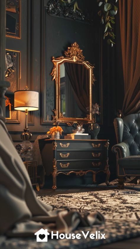 Antique Gold Accents Mirror Over Bed, Moody Romantic Bedroom, Jewel Tones Palette, Romantic Bedroom Ideas, European Bedroom, Romantic Interior, Dark Wood Furniture, Arched Headboard, Warm Lighting