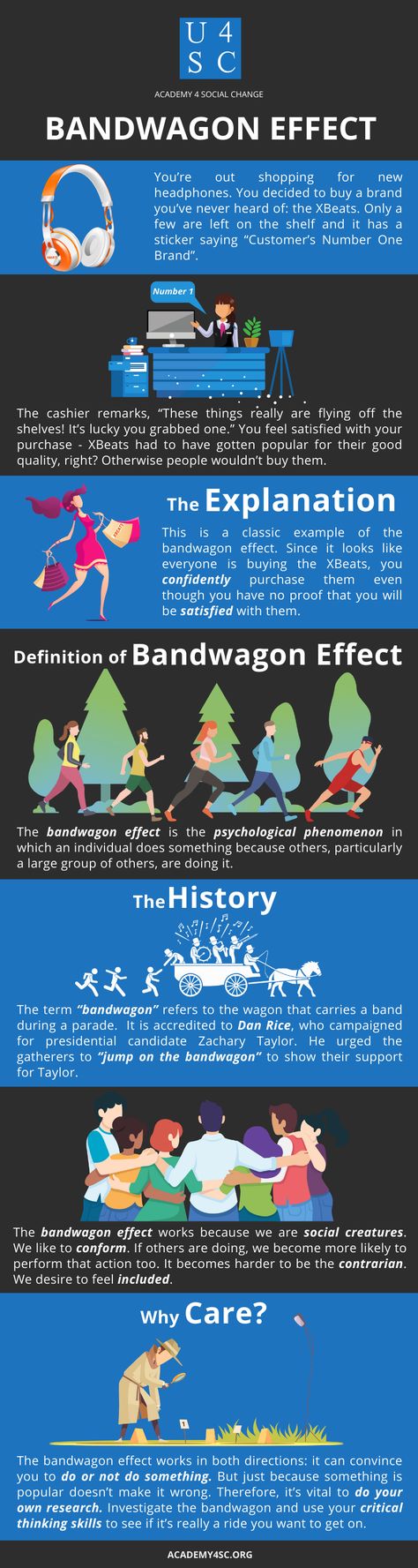 Bandwagon Effect: The bandwagon effect is the psychological phenomenon in which an individual does something because others, particularly a large group of others, are doing it. This action or behavior is done regardless of whether it aligns with the individual’s personal belief or even factual evidence. Bandwagon Effect, New Headphones, Cognitive Bias, Social Trends, Public Opinion, Critical Thinking Skills, Medical Science, Thinking Skills, Psychiatry