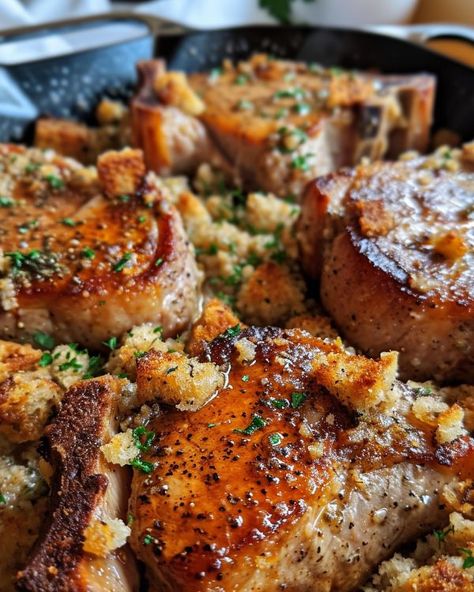 Been making this for years and everyone loves it! Pork Chops With Stuffing, Stuffing Bake, Bone In Pork Chops, Pork Entrees, Tender Pork Chops, Pork Chop Recipes Baked, Pork Chop Dinner, Pork Dinner, Tenderloin Recipes