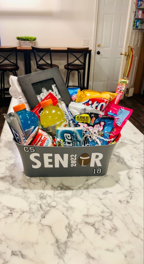 Senior Baskets, Soccer Senior Night Posters, Football Boyfriend Gifts, Football Gift Baskets, Senior Basket, Volleyball Senior Night Gifts, Senior Night Football, Soccer Senior Night, Graduation Gift Basket