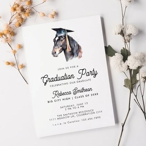 Fun Equestrian Watercolor Horse Photo Graduation Invitation Equestrian Birthday, Horse Photo, Text Template, Modern Script Font, Watercolor Horse, Graduation Invitation, Horse Photos, Graduation Cards, High School Graduation