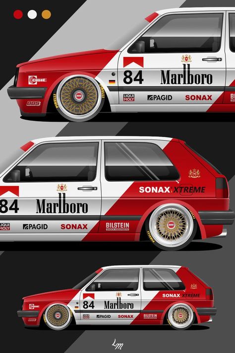 A classic done right. That was my goal: nothing more, nothing less. A carefully constructed and organised Marlboro Livery for the MK2 VW Golf. I also added BBS Turbofans to take this car to the next level. Designed by Livery Magic. Cpm Car Design Ideas, Car Parking Multiplayer Design, Impala Car, Vw Golf Mk2, Car Sticker Ideas, Mobil Off Road, Cool Car Stickers, Car Stripes, Livery Design