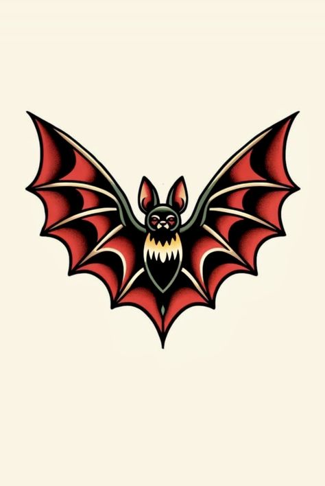 Bat Tattoos Traditional, Colorful Filler Tattoo, Traditional Style Memorial Tattoo, Bat Pinup Tattoo, Different Styles Of Tattoos Chart, Bat American Traditional, Trad Vampire Tattoo, American Trad Animal Tattoo, American Traditional Vampire Tattoo