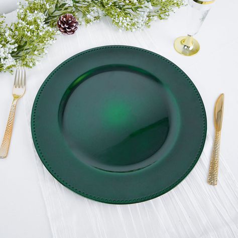 Hunter Emerald Green Beaded Acrylic Charger Plate | TableclothsFactory Green Charger Plates, Acrylic Charger Plates, Wood Plate Chargers, Glass Charger Plates, Charger Plate, Dining Table Top, Tabletop Decor, Acrylic Plastic, Wedding Catering