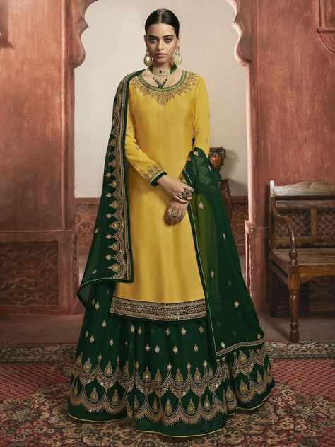 Yellow Satin Festive Wear Lehenga Suit - inddus-us Western Lehenga, Haldi Dress, Satin Lehenga, Costume Gris, Haldi Outfit, Lehenga Suit, Bollywood Lehenga, Green Lehenga, Lehenga Style