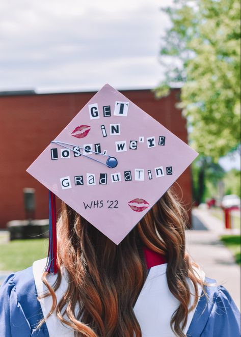 2000s Graduation Cap, Hannah Montana Grad Cap, Mean Girls Graduation Cap, Graduation Cap Designs Hannah Montana, Get In Loser We're Graduating, Mean Girls Grad Cap, Senior Crown Ideas Diy High Schools, Senior Crown, Senior Crown Ideas