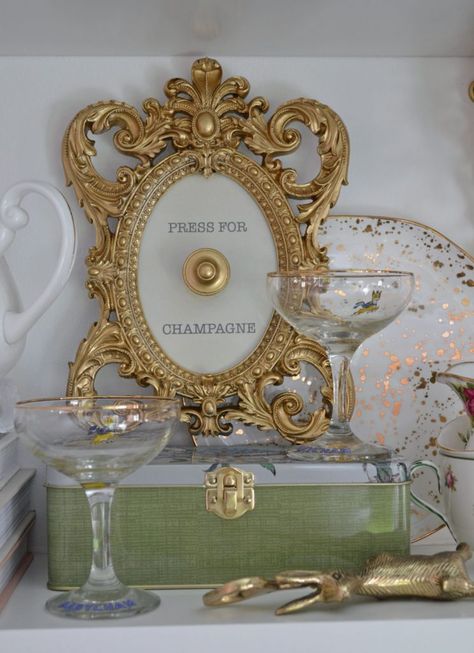 D.I.Y press for champagne button! This super easy tutorial shows you how to add instant vintage glamour to your drinks are or bar cart with a D.I.Y vintage Art Deco style press button bell! Diy Press For Champagne, Vintage Champagne Aesthetic, Press For Champagne Button, Glam Bar Cart, Drinks Area, Champagne Button, Art Deco Bar Cart, Press For Champagne, Champagne Decor