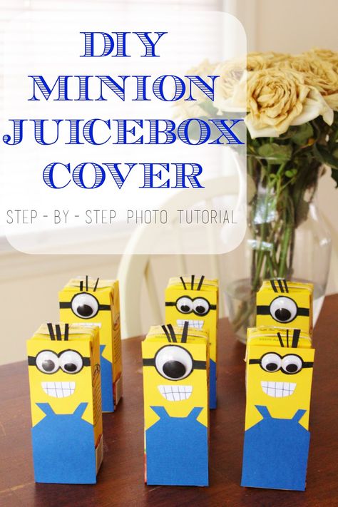 Step by step photo tutorial for these DIY Minion juice box covers! Perfect for any birthday party tablescape! #mottsandminions #collectivebias #ad Diy Minion Party, Juice Box Crafts, Minion Party Ideas, Kid Craft Ideas, Minion Party Favors, Minion Craft, Diy Minions, Despicable Me Party, Homemade Face Paints