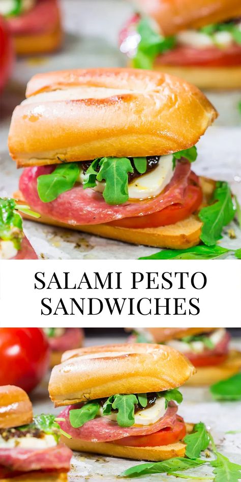 Layered with all sorts of delicious Italian ingredients, these Salami Pesto Sandwiches are packed with flavor! Salami Sandwich Recipes, Salami Sandwich, Hot Sandwich Recipes, Pesto Sandwich, Chewy Bread, Panini Sandwiches, Cold Sandwiches, Green Eating, Homemade Italian