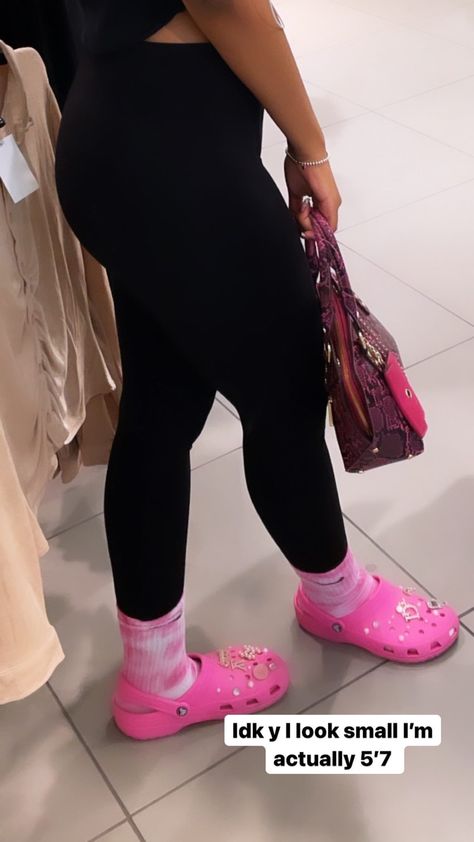 crocs Socks Over Leggings With Crocs, Taffy Pink Crocs Outfit, Leggings With Crocs, Light Pink Crocs Outfit, Hot Pink Crocs Outfit, Ugg Fluff Yeah Slides Outfit Ideas, Ugg Fluff Yeah Slides Outfit, Pink Crocs Outfit, Black Crocs Outfit