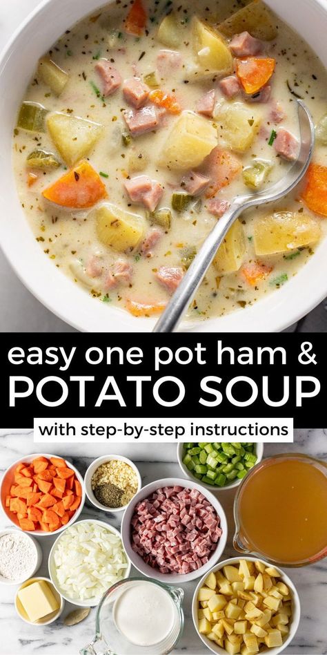 This creamy one-pot ham and potato soup is the perfect way to use up leftover ham from the holidays! It's loaded with tender potatoes, diced ham, and plenty of veggies in a creamy herb-filled broth. It's the perfect cozy dinner for a busy weeknight! Ham Potato Soup, Soup Ham, Ham Soup Recipes, Potatoes And Ham, New England Clam Chowder, Ham And Potato Soup, Ham Potato, Night Recipes, Leftover Ham Recipes