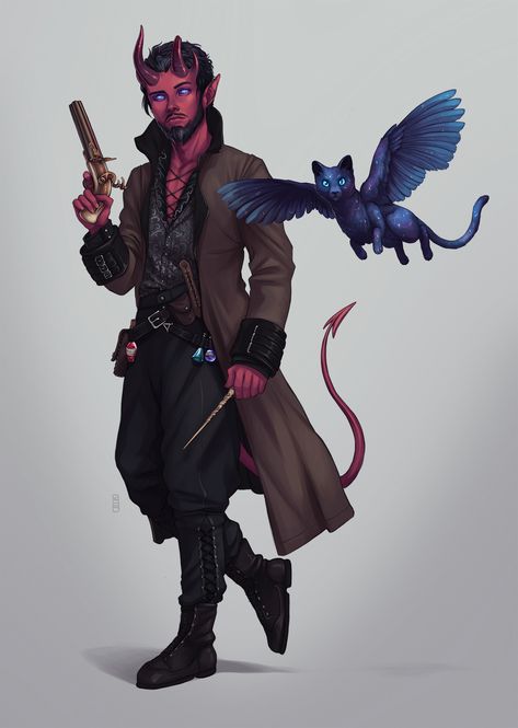 Detective Dnd, Tiefling Gunslinger, Dnd Gunslinger, Rachel Denton, Tiefling Warlock, Dnd Tiefling, Steampunk Character, Arcane Trickster, Pathfinder Character