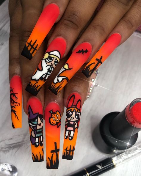 Halloween Nail Art Designs, Oval Shaped Nails, Horror Nails, Holloween Nails, Modern Nail Art, Spooky Nails, October Nails, Power Puff, Toe Nail Designs