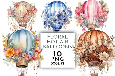 Floral Hot Air Balloon, Hot Air Balloon Clipart, Nursery Illustration, Vintage Clipart, Balloon Clipart, Baby Shower Clipart, Vintage Hot Air Balloon, Balloon Flowers