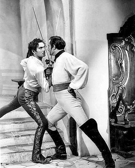 Tyrone Power & Basil Rathbone - The Mark of Zorro (1940) Basil Rathbone, Tyrone Power, Action Pose Reference, Anatomy Poses, Body Reference Poses, Human Poses Reference, Story Characters, Figure Poses, Poses References