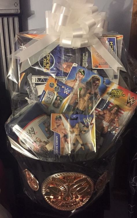 WWE Basket made for a birthday gift Wwe Gift Ideas, Basketball Themed Birthday Party, Wrestling Birthday, Wrestling Party, Wwe Birthday Party, Wwe Party, Wwe Birthday, Backyard Dining, Gifts Baskets