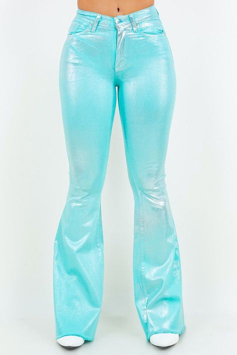 Add a sparkly twist to your denim collection with our Metallic Bell Bottom Jean in Turquoise! Functional pockets, a button and zipper closure, and a frayed hem add charm to this American-made garment. The unique garment-dye and metallic foil finish make it truly one-of-a-kind.This garment is made to order and is Final Sale. Made In: USAFabric Contents: 59% Cotton, 32% Tencil, 6% polyester, 3% lycra Stretch fabric Non-sheer fabric Care Instructions: Dry CleanSize Measurement (inch): 3: 26.0 (Wais Motorcycle Chaps, Pride Shoes, Leather Motorcycle Gloves, Leather Store, Biker Shirts, Lace Side, Vintage Inspired Outfits, Leather Denim, Biker Leather