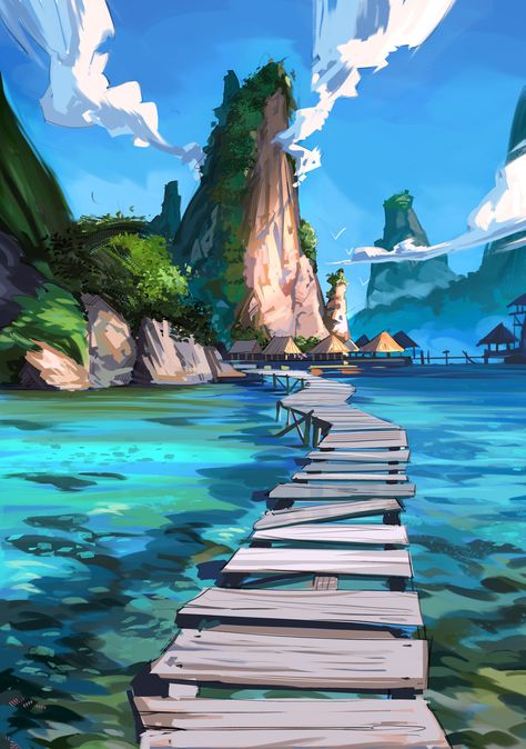 ArtStation - Island, Jean Gueissaz Environmental Artwork, The Art Showcase, Art Showcase, Bg Design, Beach Illustration, Fantasy Island, Landscape Concept, Digital Painting Tutorials, Matte Painting