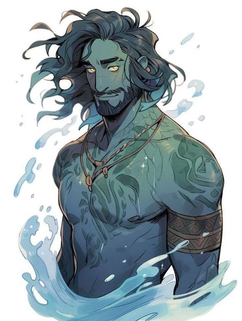 Poseidon Character Design, Sea Elf Dnd Male, Sea Elf Male, Triton Dnd Male, Merfolk Dnd, Water Genasi Dnd, Triton Character Design, Sea Elf Dnd, Air Genasi Male