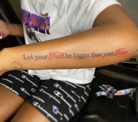 Side Forearm Tattoo Women Quotes, Small Tattoo Ideas Black Women, Scripture Tattoos For Women Arm, Small Tattoos Black Women, Side Arm Tattoos For Women, Small Face Tattoos, Fear Tattoo, Side Arm Tattoos, Memorial Tattoo Ideas