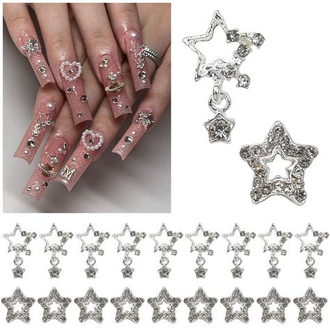 Nails Rhinestones Design, Acrylic Nails 3d, Nail Embellishments, 3d Stars, Makeup Crafts, Nail Gems, Star Nail, Space Nails, Crystals Gems