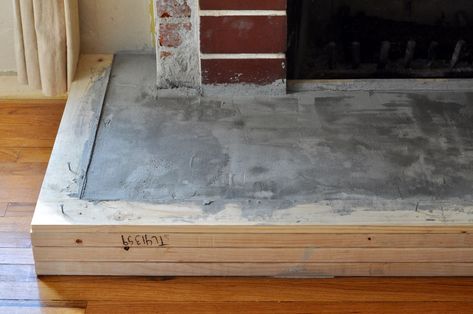 Concrete fireplace hearth DIY Fireplace Hearth Ideas, Airstone Fireplace, Hearth Ideas, Hearth Stone, Fireplace Update, Wooden Fireplace, Brick Fireplace Makeover, Candles In Fireplace, Shiplap Fireplace