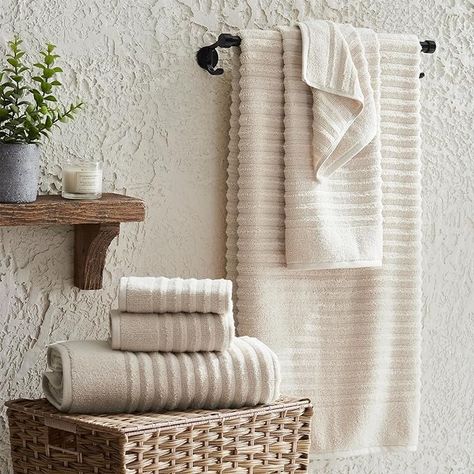 Amazon.com: Great Bay Home White Bath Towel Set, 4 Pack Quick Dry, Ribbed Bath Towel Set. Zero-Twist, Combed 100% Cotton, Ultra-Soft, Luxurious Towels for Bathroom (4 Pack, White) : Home & Kitchen Modern Bathroom Towels, Bathroom Towel Colors, Towels In Bathroom Decorative, Towels Aesthetic, Bathroom Towels Colors, Bathroom Towels Display, Towel Display, Towel Basket, Aesthetic Products