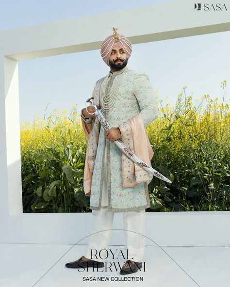 Very beautiful and fabulous royal look sherwani with matching Palla by SASA Sikh Groom Outfit Sherwani, Sherwani For Men Wedding Royals, Baraat Outfit, Sherwani Groom Wedding, Marriage Clothes, Wedding Matching Outfits, Mansions Interior, Ceremony Outfit, Haldi Ceremony Outfit