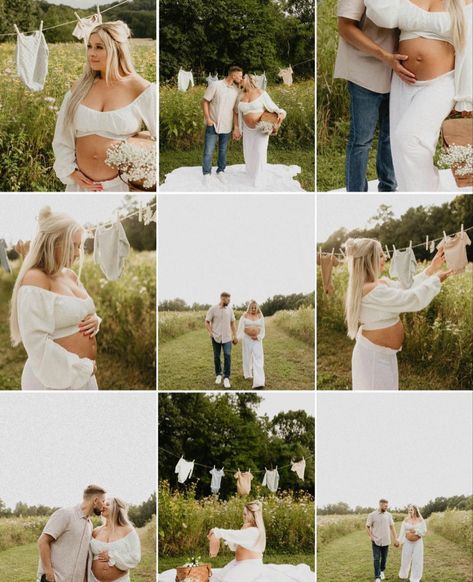 Maternity Photography Backyard, Maternity Clothes Line Photoshoot, Maternity Shoot Clothes Line, Maternity Photography Clothesline, Maternity Photography Summer Outdoor, Maternity White Sheet Photoshoot, Maternity Summer Photoshoot, Clothesline Maternity Photoshoot, Two Piece Maternity Outfit Photoshoot