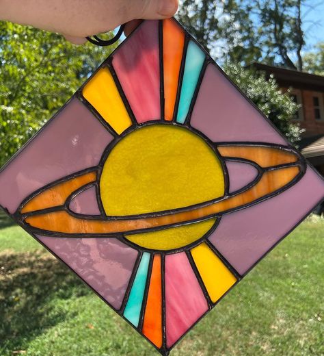 Planet Stained Glass Patterns, Stained Glass Planets, Stained Glass Eye, Stained Glass Rainbow, Mosaic Tile Art, Glass Diy, Pink Iridescent, Stained Glass Ornaments, Intuitive Art