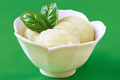 basil lime sorbet Lime Sorbet Recipe, Basil Sorbet, Frozen Treats Recipes, Artisan Ice Cream, Sorbet Recipe, Lime Sorbet, Ice Cream Maker Recipes, Basil Recipes, Lime Basil