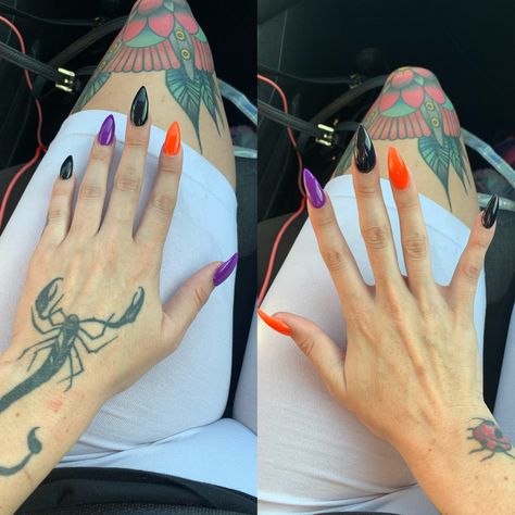 Halloween Nails Purple Green Orange, Pyramid Nail Colors, Purple Green Orange Nails, Orange Purple Green Nails, Orange And Purple Nails Ideas, Green And Purple Nails Halloween, Black Purple And Orange Nails, Black Orange Purple Nails, Orange And Green Halloween Nails