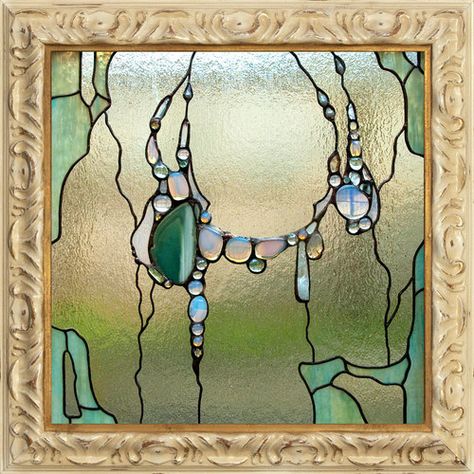 Art Nouveau Stained Glass Patterns, Whimsigoth Stained Glass Window, Small Stained Glass Projects, Stained Glass With Crystals, Stained Glass Art Nouveau, Abstract Stained Glass Designs, Spiritual Stained Glass Patterns, Stained Glass With Agates, Bed Window